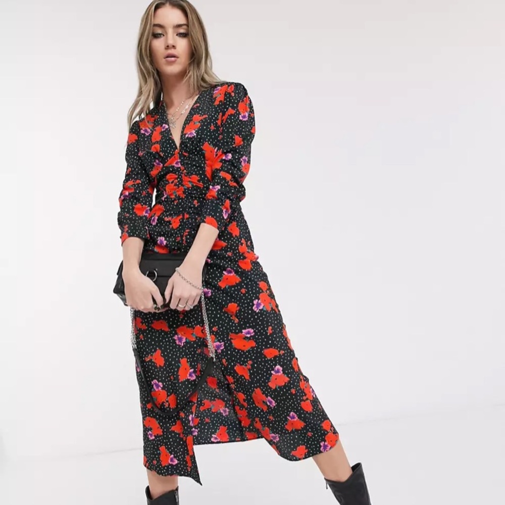 Topshop midi dress with v-neck in spot and floral print